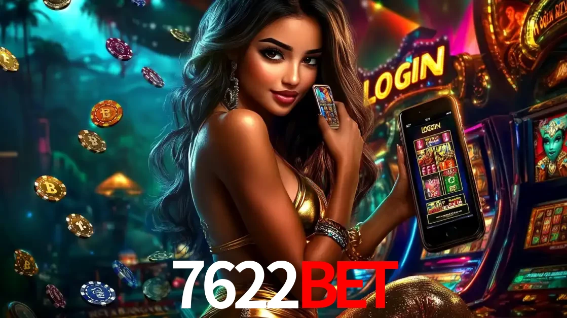 Mulher em um cenário de cassino temático de aventura, mostrando o app de caça-níqueis da 7622bet no celular. Fichas de apostas flutuam ao redor.