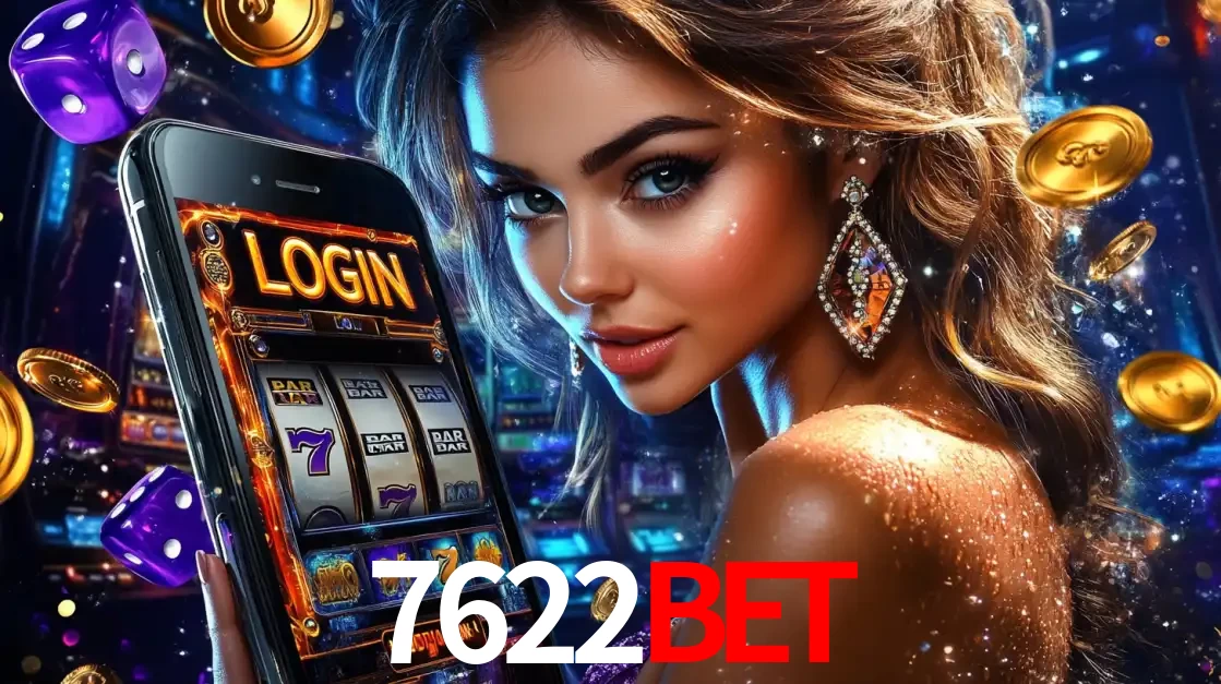 Mulher glamorosa segurando um smartphone com a tela de login para os jogos de caça-níqueis do cassino online 7622bet, com moedas de ouro e dados ao redor.