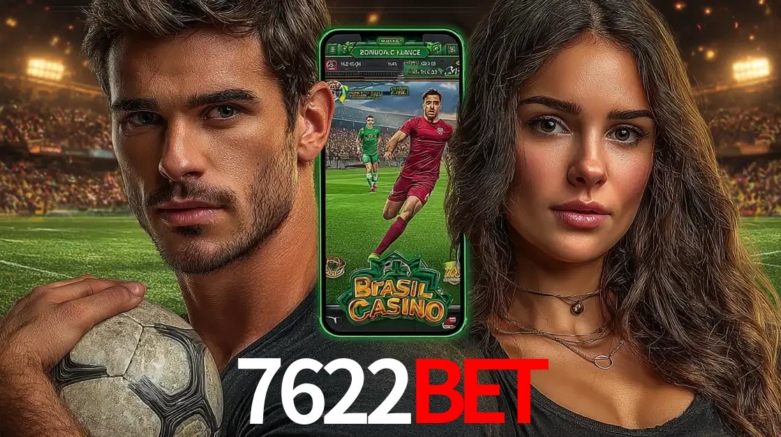 Homem segurando uma bola de futebol e uma mulher ao lado de um smartphone exibindo o jogo de apostas esportivas da 7622bet. Faça seu palpite no cassino online.